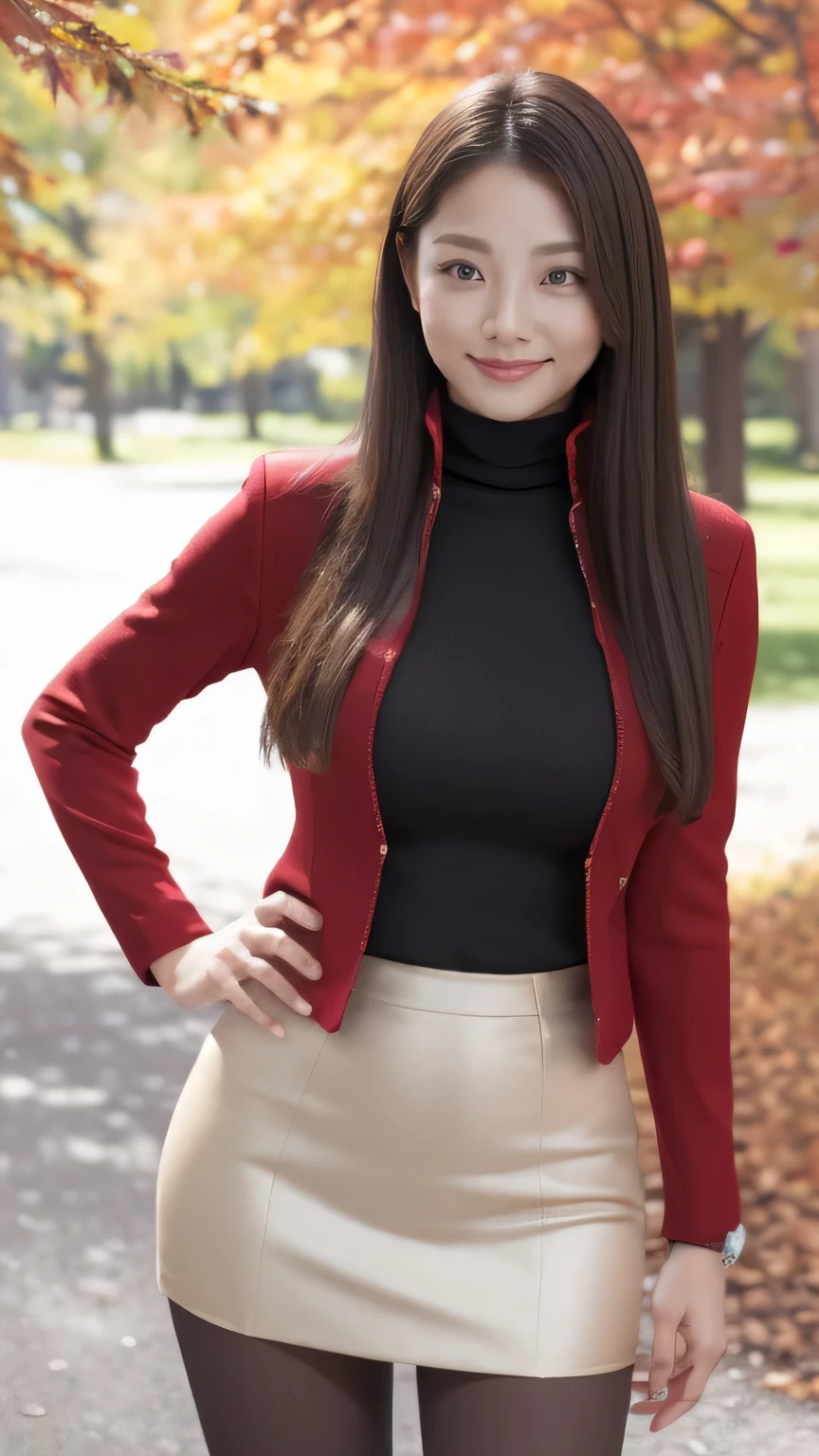 Best Quality 、8k、masterpiece、 Ultra High Definition 、Clear Photo、 Professional Lighting 、Natural Light、Realistic、 High Definition Skins 、 Perfect Anatomy、 one woman、Age 30、baby face:1.8、Big Breasts、blonde、Beautiful Hair、smile、(Tight Suit、 jacket、 turtleneck knit 、 pencil skirt 、 pantyhose)、(( autumn park、 lots of fallen leaves ))、Standing pose、((( Full Body Shot :1.3、 look at the camera)))