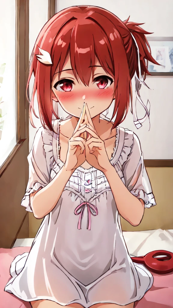 1 girl, solo, (Yuuki Yuna), Yuuki Yuna wa Yuusha de Aru, Yuusha de Aru, red hair, red eyes, short ponytail, hair ornament, ribbon, hair between eyes, side ponytail, ass,
BREAK, (negligee, nightgown:1.2),
BREAK, sitting bed,
BREAK, (embarrassed:1.3), (blush:1.1),
BREAK, (from front:1.2), (cowboy shot:1.2)
BREAK, (indoor, bedroom, bed, house:1.1),
BREAK, (best quality, masterpiece, detailed:1.3), HD, anime colored, (beautiful detailed eyes, extremely detailed face:1.2), perfect lighting, extremely detailed CG, (perfect hands, perfect anatomy), (nsfw:1.2),