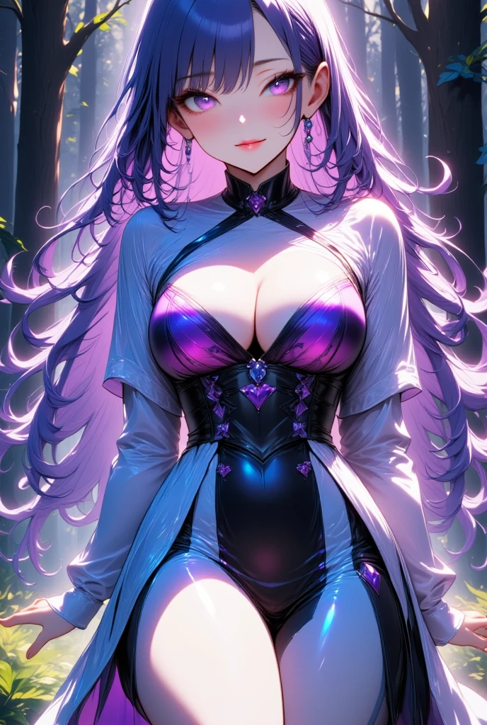 One young and beautiful woman,(Best Quality, Extremely Detailed Description , incredibly absurd high resolution),(Dark Elf:2.0),(Purple Eyes, half-closed eye,sweat,Beautiful legs,Curvaceous Body,Blue Skin, shiny skin,),Full body image,High quality anime drawings,Side view,background:River in the forest,Natural Light, sunlight filtering through the trees:2.0,The sun's rays are reflected in the river , rich nature where a heart appears ,Rich forest