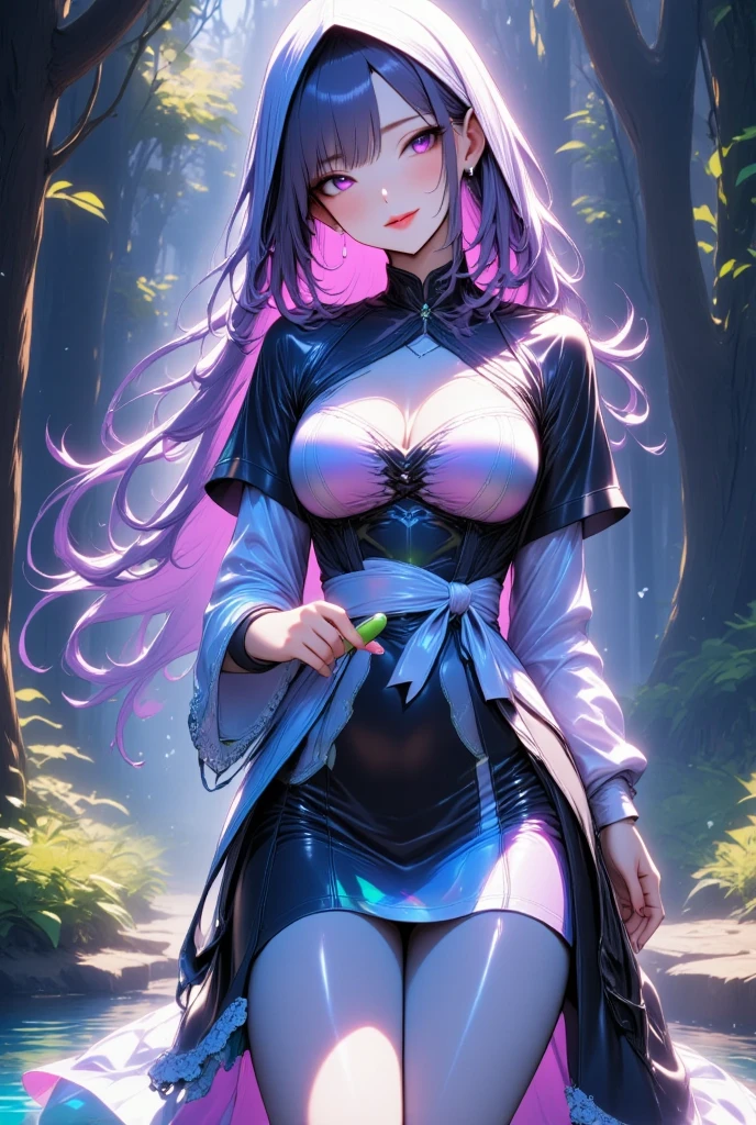 One young and beautiful woman,(Best Quality, Extremely Detailed Description , incredibly absurd high resolution),(Dark Elf:2.0),(Purple Eyes, half-closed eye,sweat,Beautiful legs,Curvaceous Body,Blue Skin, shiny skin,),Full body image,High quality anime drawings,Side view,background:River in the forest,Natural Light, sunlight filtering through the trees:2.0,The sun's rays are reflected in the river , rich nature where a heart appears ,Rich forest