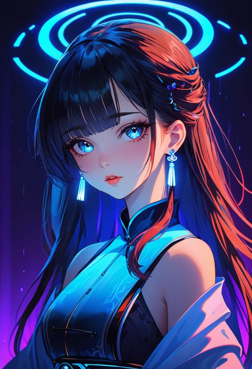 colorful,neon lights, Cyberpunk beauty ,1girl ,artist name ,bangs, blue eyes, closed mouth ,earrings ,eyelashes ,face, glowing ,gradient, gradient background ,hair ornament ,hair stick ,halo ,jewelry ,lips ,long hair, looking at viewer ,makeup ,mascara, portrait ,simple background ,solo, tassel ,upper body ,cyberpunk ,3d, neon light ,Bagua ,Tai Chi ,future technology, glow, glow effect ,high detail, best quality ,Tang Dynasty clothing ,hanfu