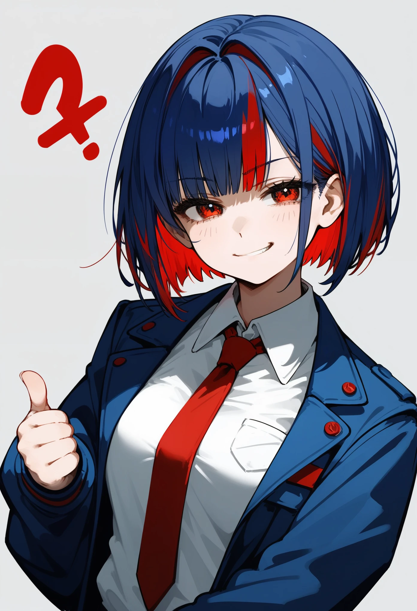 score_9, score_8_up, score_7_up, 1girl, reverse Bob cut, short hair, dark blue hair, inner coloured hair, (inner red hair), red eyes, suit jacket, dark blue jacket, red tie, white shirt, collared shirt, single thumbs up, smirk, bored, white background, simple background, unaestheticXL_bp5