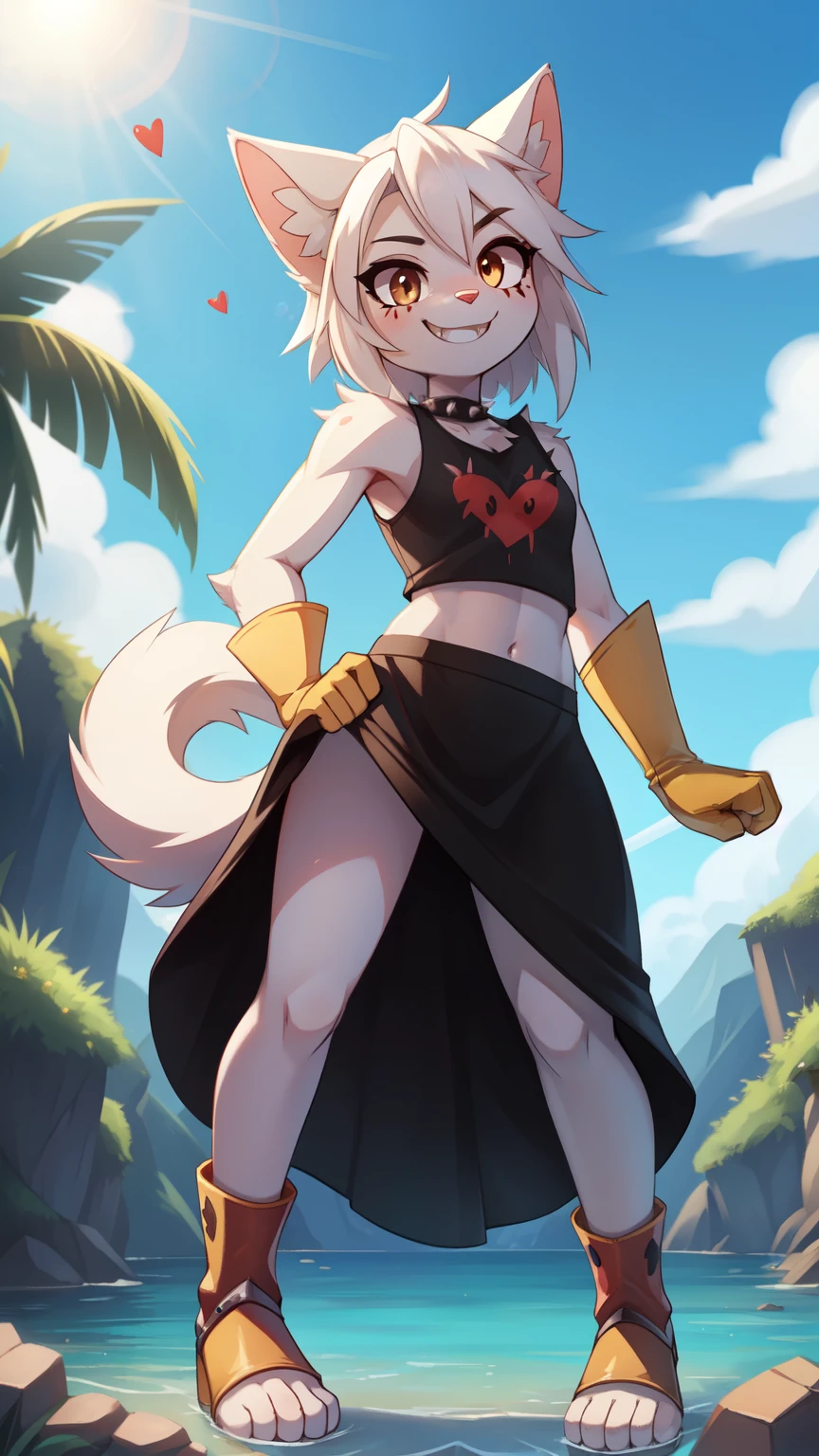 score_9,score_8_up,score_7_up, source_cartoon, source_furry, cat, Furry girl, cat girl, white hair, long messy hair, brown eyes, detailed body fur, "makeup, black eyeshadows", ((black tank top with red broken heart print, spiked shoulder armor, midriff, long black dress skirt, yellow gloves, toeless footwear)), small breasts, masterpiece, looking at you, fangs, white body fur, detailed face, big eyebrows, detailed eyes, pink nose, detailed body, detailed body fur, detailed hands, flat body, glistering body, shiny body, skinny, perfect lighting, perfect shadows, perfect eyes, perfect hair, perfect face, gorgeous body, solo, grin, float islands, clear sky, motion blur, full body, feets with three toes, DND style, BREAK, 