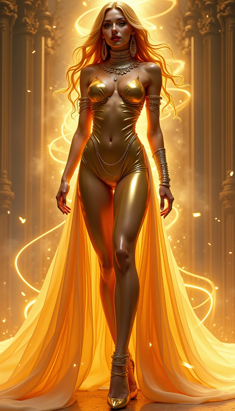 Masterpice, Full body shot, illustration, film light, fantasy, highest quality, super detailed, best quality, masterpiece, (detailed face), tall sexy mature woman, aphrodite goddess, big breasts, goddess face, beautiful face, amazing eyes for goddes, dress made of silk and gold , glowing quicksand, floating embers Crystals, blond hair accessories, metal that reflects sunlight, (body focal length: 1.25), clear blue sky, desert ocean in the background, long curly hair, golden eyes, magic, darkness, light reflection