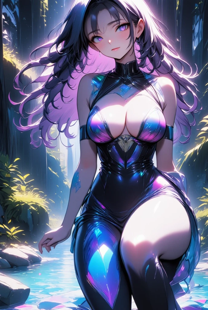 One young and beautiful woman,(Best Quality, Extremely Detailed Description , incredibly absurd high resolution),(Dark Elf:2.0),(Purple Eyes, half-closed eye,sweat,Beautiful legs,Curvaceous Body,Blue Skin, shiny skin,),Full body image,High quality anime drawings,Side view,background:River in the forest,Natural Light, sunlight filtering through the trees:2.0,The sun's rays are reflected in the river , rich nature where a heart appears ,Rich forest