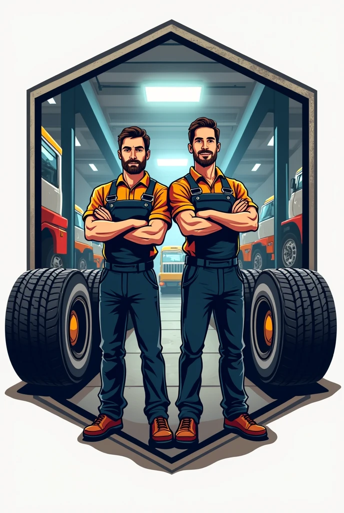 Fat salesman with beard of car parts with a blue shirt written avant-garde, and another mechanical man in a blue coat