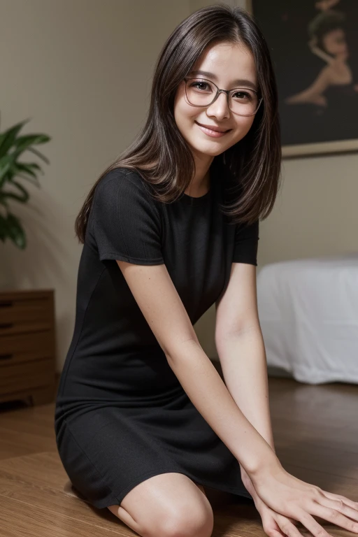 ((Best Quality)), ((傑Best Quality、masterpiece、High sensitivity、 high resolution on down、詳細な描写、 Delicate Facial Description)), Slender woman、Black、Mini dress、Glasses、Crouch down、With a smile、