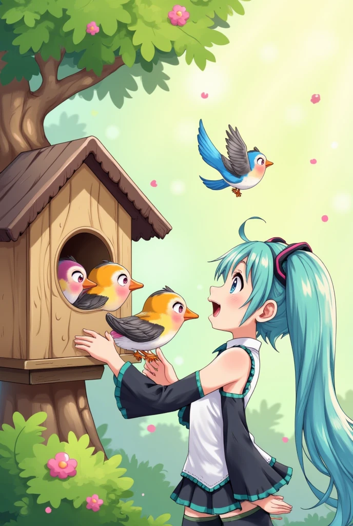 (masterpiece、Best Quality、Best Quality、 official art、 beautiful and beautiful :1.2)、( one girl playing pranks:1.3) Hatsune Miku、 Twin Tails,Beautiful breasts,  girl、 chicks are sticking their heads out of the birdhouse and begging for food..,Piyopiyo , mother bird is back ,Little Blue Bird:cute,cute,  beautiful feather wrapping line :Sparkling, baby bird wrapped in feathers ,happy sight ,Adorable,joy, Detailed Details ,masterpiece,