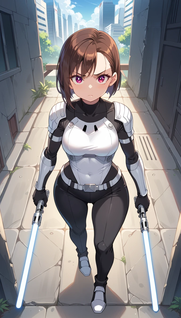 score_9, score_8_above, score_7_above, score_6_above, 2D, Assessment_ questionable , Assessment_ sure,
 Momo Ayase in the Star Wars theme,short brown hair,  brown eyes, 
Armadura preta ,black gloves,fair,black cover, tight black pants ,Thick thighs
Alone , standing,  front view, medium breasts,  wide hips,  lightsaber , holding  lightsaber ,
 base sith,  science fiction , 