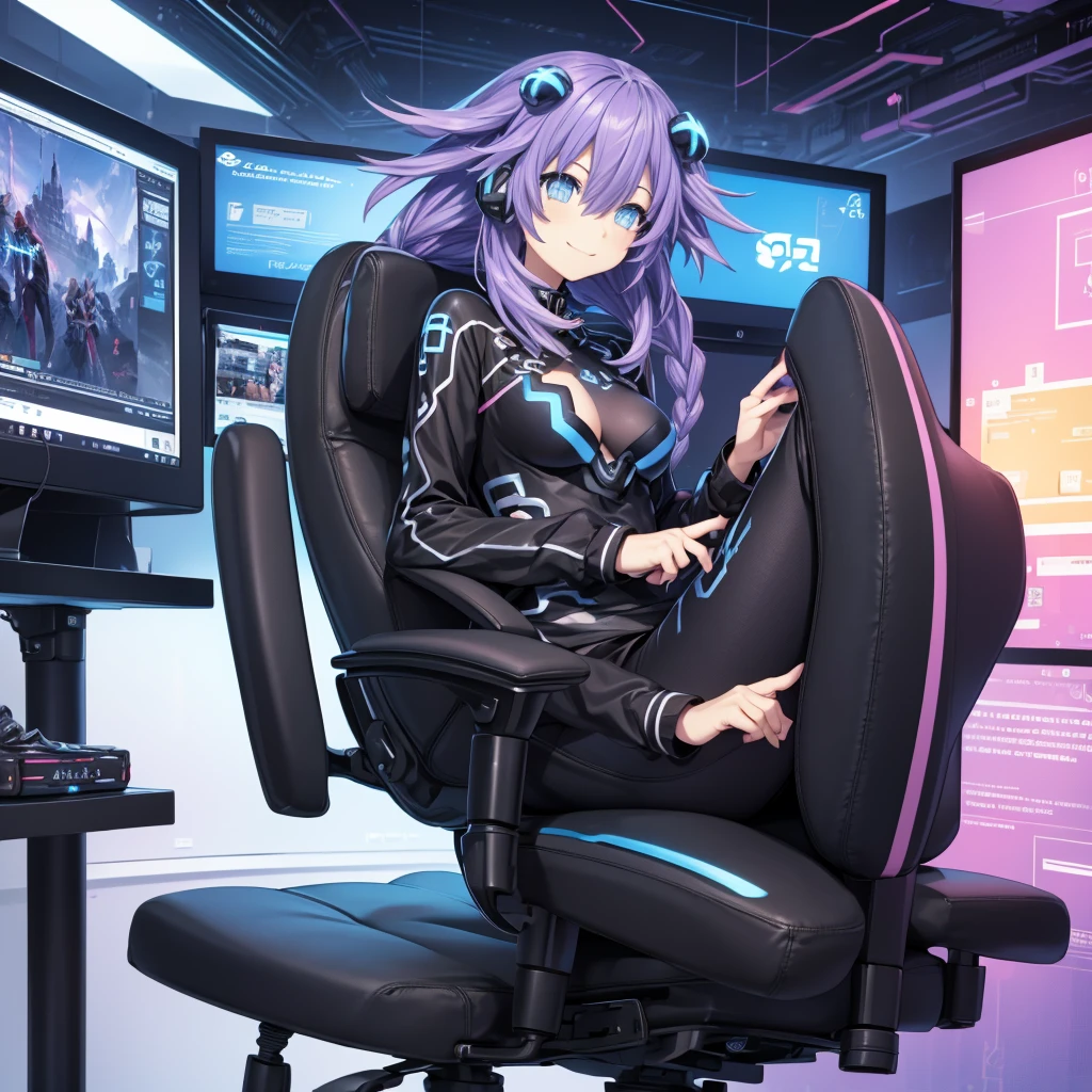  Top quality 、 Superior Image Quality 、​masterpiece, casual clothing long leather pants black jacket with pink bands white t-shirt with Neptunia drawing、CABELLO MORADO、Open your chest wide、happiness、accessories, Sit on a chair、A thin、A smile,  gaming headphones 、Leaning towards the computer)） lyrics、visualart、Background with(( Neon room 、Gaming PC、 Gaming desk 、Gaming chair、Game bed、Gaming console))、Masutepiece、 depth (cyber), add_details:1