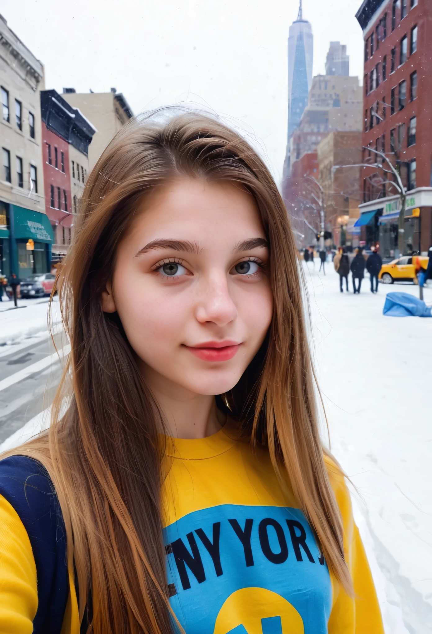 (indistinguishable from reality:1.4), 1girl, selfie, An half portrait of a beautiful 18y.o New York , (detailed facial features), (freckles:0.2), (acne:0.1), long thick luxurious straight hair, beautiful Jewish nose, shy smile, walking on street, winter, snowfall, ultra detailed texture t shirt, bright primary colors, Nikon FM2, 35mm SLR