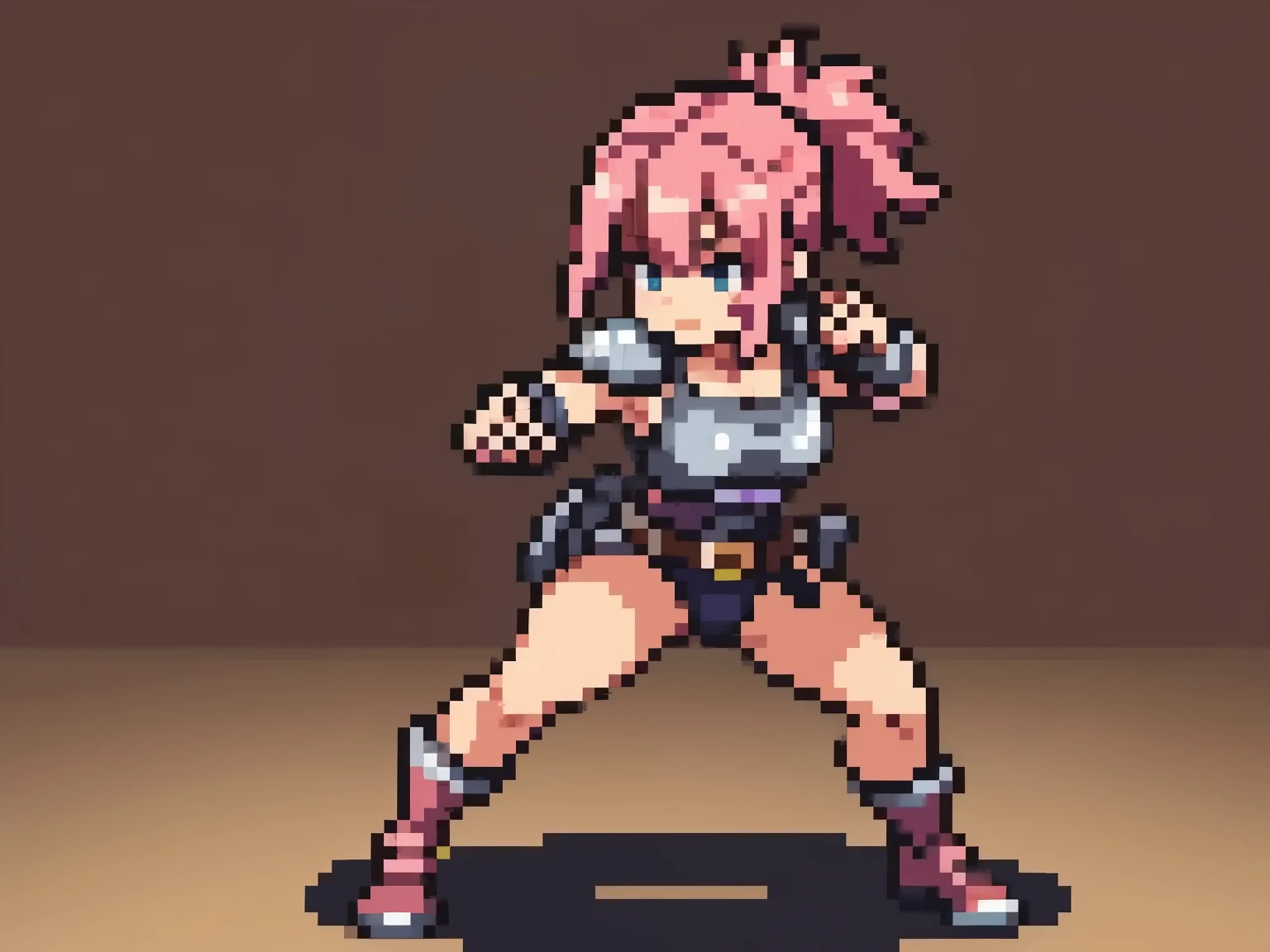 (masterpiece, top quality, best quality), pixel,pixel art,1girl,grey thong,grey bandana,pink hair horsetail,bosom,punch power,full body, 
 