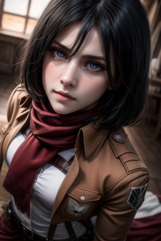 a girl, mikasa, with striking black eyes, beautiful detailed eyes, beautiful detailed lips, extremely detailed face, long eyelashes, bright black eyes, fair skin, short dark hair, wearing a scarf, badge, belt, thigh strap, red scarf, white pants, brown jacket, long sleeves, wearing a pair of cross-laced boots and black socks with a sling, portrait, digital painting, cinematic lighting, dramatic, moody, high contrast, vibrant colors, (best quality, 4k, 8k, high-res, masterpiece: 1.2), ultra detailed, (realistic, photorealistic, photorealistic: 1.37)