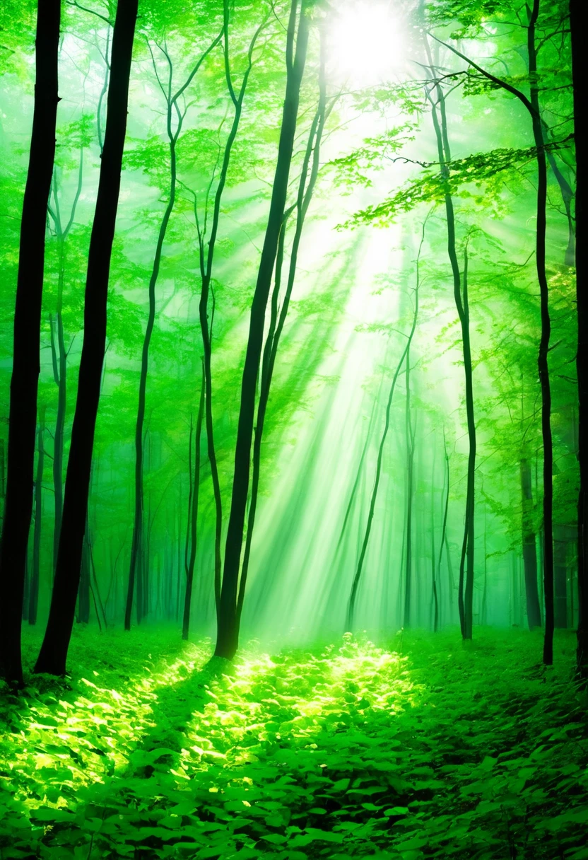 Silent Forest,  sunlight filtering through the trees, Light fog, Soft Light, Green leaves, Mysteries of Nature, Light in the Forest