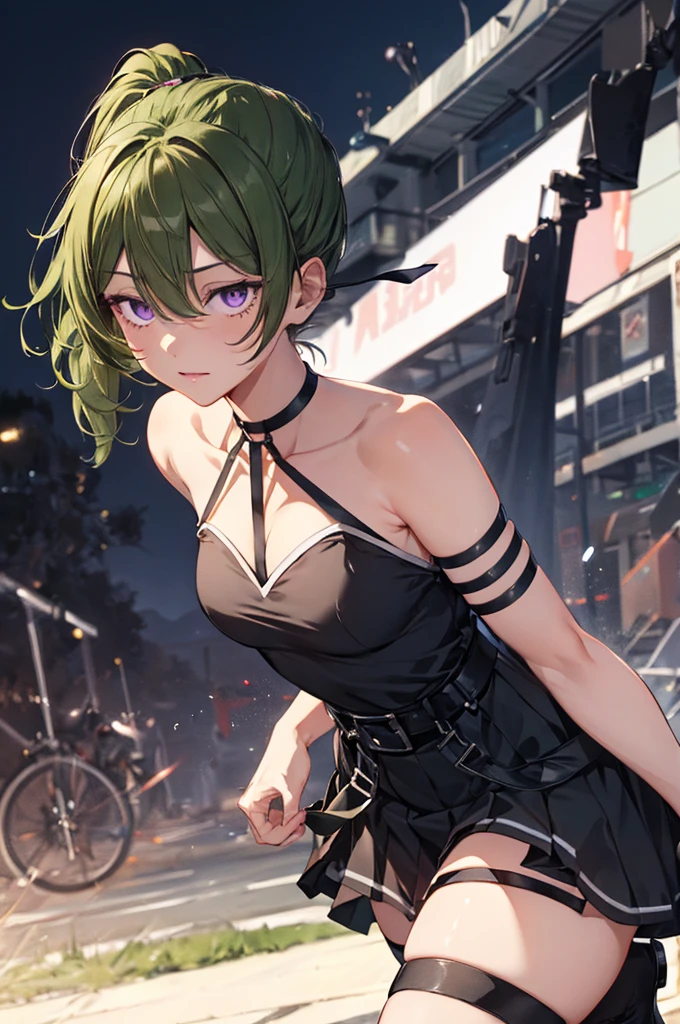 1girl,green hair,side ponytail,purple eyes,black dress,short dress,sleeveless,arm strap,black belt,thigh strap, black socks,bored,masterpiece,Noise Reduction,perfect anatomy,high resolution, ultra-detailed, ultra-detailed face,game cg,dutch angle ,beautiful detailed eyes,visualart,five fingers, perfect hands, perfect lighting, sparkling pupils,