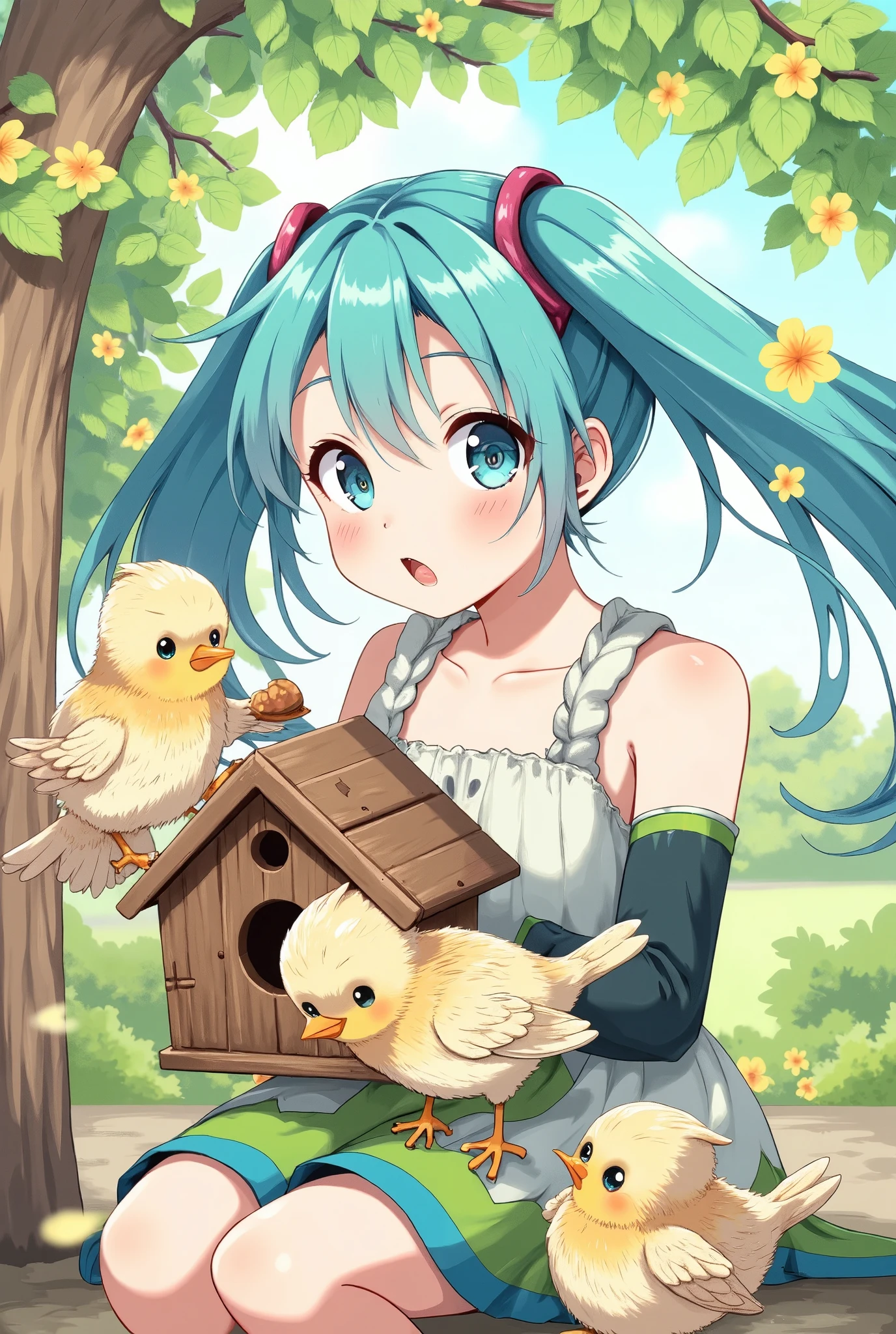 (masterpiece、Best Quality、Best Quality、 official art、Beautiful and beautiful:1.2)、( one girl playing pranks:1.3) Hatsune Miku、 Twin Tails,Beautiful breasts,  girl、 chicks are sticking their heads out of the birdhouse and begging for food..,Piyopiyo , mother bird is back ,Little Blue Bird:cute,cute,  beautiful feather wrapping line :Sparkling, baby bird wrapped in feathers ,happy sight ,Adorable,joy, Detailed Details ,masterpiece,