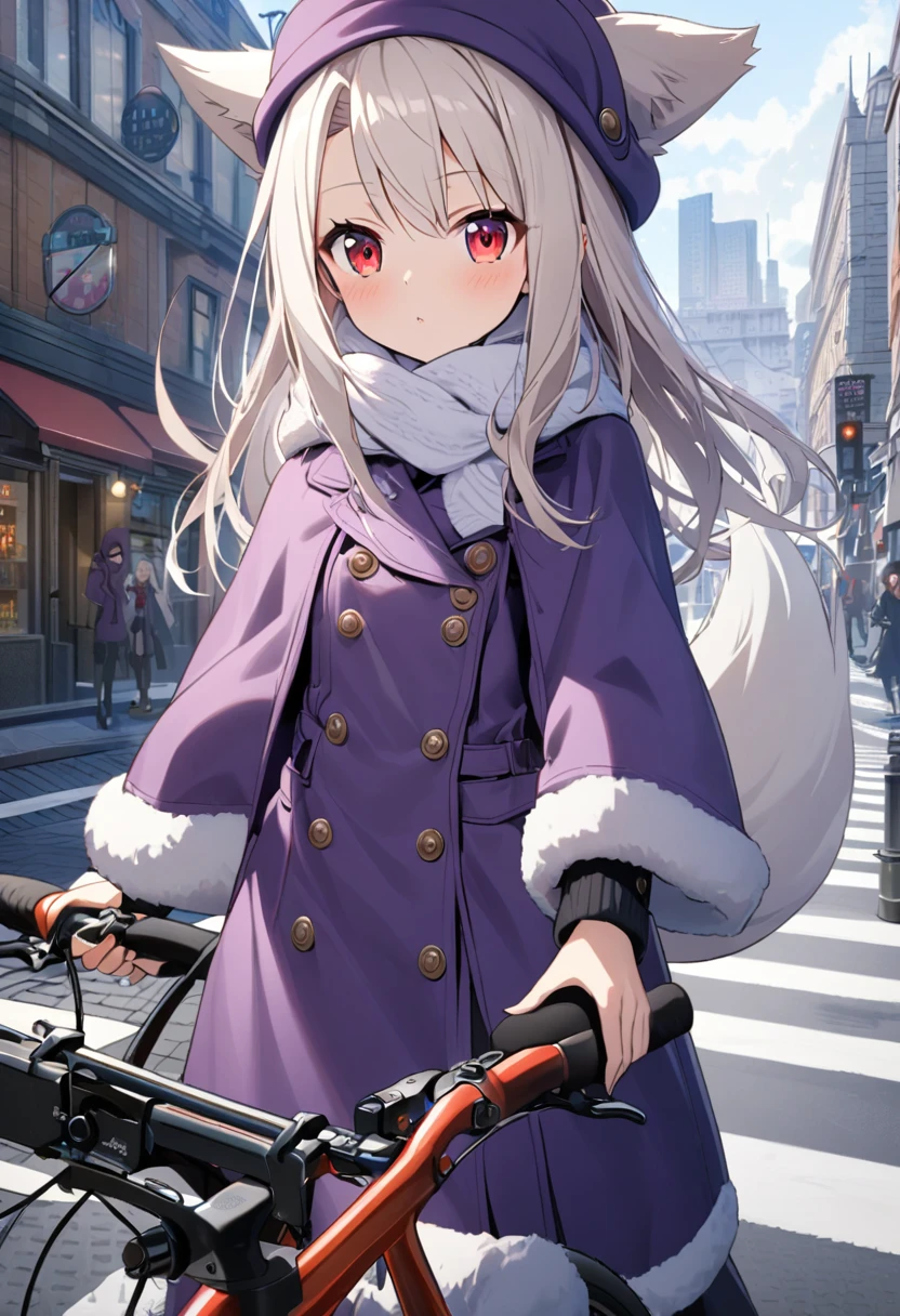 1girl, bicycle, building, buttons, capelet, city, coat, crosswalk, day, double-breasted, fur hat, hat, illyasviel von einzbern, long hair, long sleeves, looking at viewer, outdoors, papakha, pavement, purple capelet, purple coat, purple headwear, red eyes, road, scarf, solo, street, white hair, white scarf, winter clothes, fox ears, fox tail