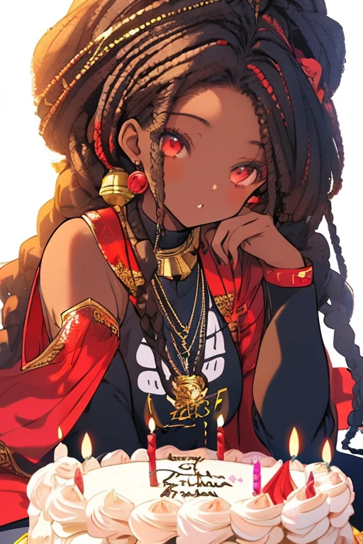 girl(afrocentric), model face with beautiful dreadlocks, laying on a bed next to a birthday celebration cake, anime illustration, detailed, refine, tranding on artstation