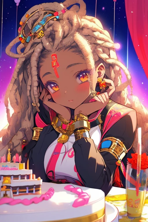 girl(afrocentric), model face with beautiful dreadlocks, laying on a bed next to a birthday celebration cake, anime illustration, detailed, refine, tranding on artstation