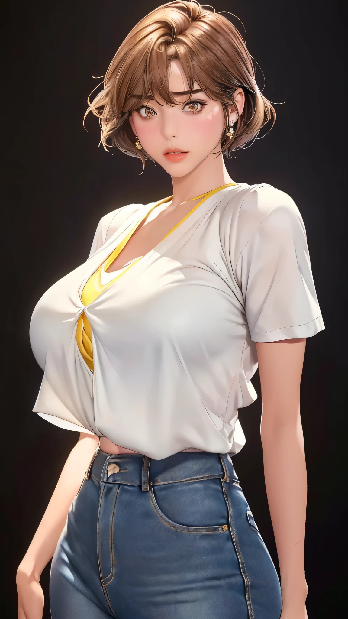 (（（figure，御姐figure,White and tender skin,（（（Yellow short sleeved, blue denim triangle shorts）））,(（（Soridef，brown eyes，brown hair，short hair,））),，((masterpiece)), highres icon,((Best quality at best)),masterpiece,quality,Best quality,(（（  to the audience,Light in the eyes， blush，pant）））, huge chest，苗条figure, Black background）））