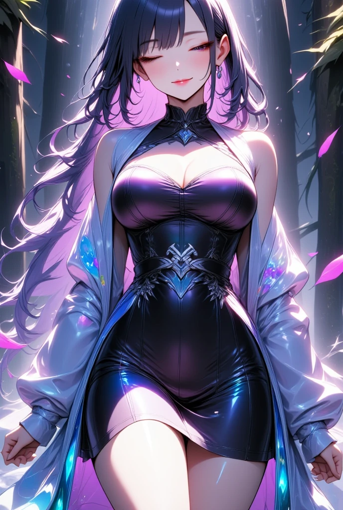 One young and beautiful woman,(Best Quality, Extremely Detailed Description , incredibly absurd high resolution),(Dark Elf:2.0),(Purple Eyes, half-closed eye,sweat,Beautiful legs,Curvaceous Body,Blue Skin, shiny skin,),Full body image,High quality anime drawings,Side view,background:River in the forest,Natural Light,Dazzling Light,Vivid light, sunlight filtering through the trees:2.0,The sun's rays are reflected in the river , rich nature where a heart appears ,Rich forest,Dense forest,