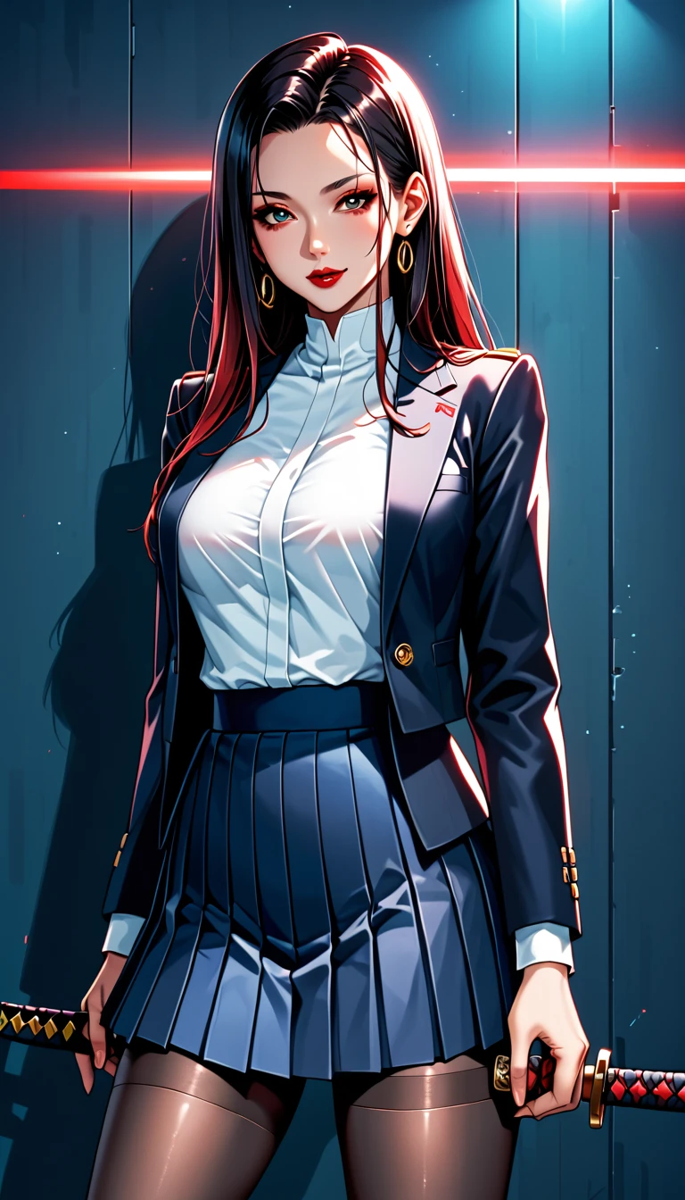  broad view,  cyberpunk style , beautiful, One holding a katana ,  dynamic movement ,, virtual, perfect, Radiant Skin,  long hair, pure white,  red lips ,  Modern Japanese clothing, uniform, white shirt, blazer, pleated skirt, pantyhose, dark toned background ,  Differences of light and shade , Illustration, At night