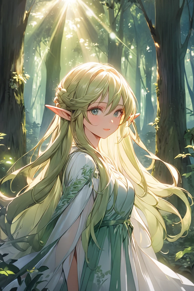 An illustration of an elf girl.
The character has long, pointed ears and beautiful long hair,
 and wears an elegant outfit that blends in with the forest and nature.
She sometimes has an elegant, calm expression.
A mysterious forest spreads out in the background, and a fantastic atmosphere can be felt where lush nature and light intersect.And the sunlight shines into the forest