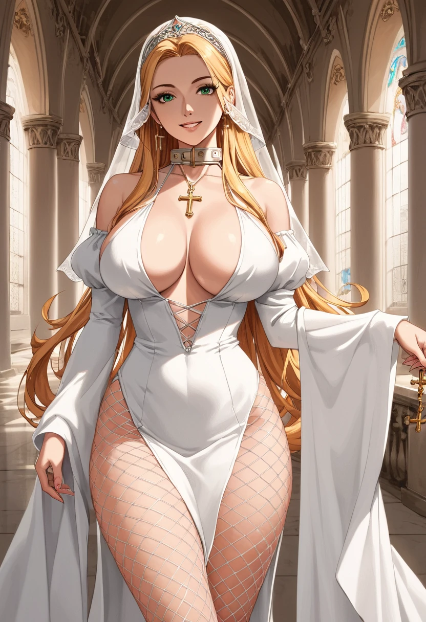 buxom woman,straight and very long blonde hair,fringe,white fabric ribbon dress,Blindfolded with white ribbon,big breasts,legs in tight white leggings,stylish ripped clothes,church with seats and colored glass windows through which the light passes,gold bracelet