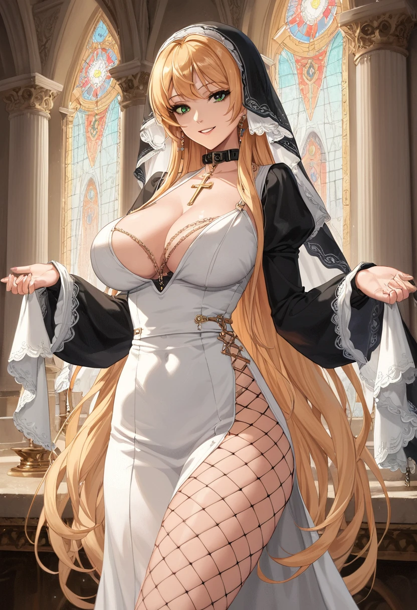 score_9, score_8, score_7, source_  animated, 1mature_FE, 1 woman, only, smile, golden hair,  Very long hair,  green eyes expected shiny , túnica de only color negro,  tica with sleeves and collar ,  a rosary around her neck,  thigh neckline , long neckline, black fabric veil ,  white stole on the neck , long stole , long net tights ,  big breasts shirt,  background a marble temple room, cuerpo perFEcto,  erotic anatomy , anatomía perFEcta, Piernas perFEctas, Postura perFEcta, Ambient light.