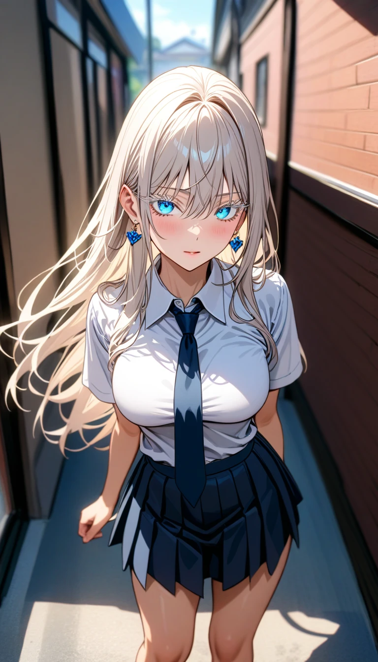 (masterpiece:1.3), (8K、best quality:1.4), (Highest image quality, intricate details, high resolution, depth field, Natural light, professional lighting), (top-quality, hight resolution), (1 girl:1.3), (solo:1.3), (Symmetrical perfect face), (15 year old beautiful silver-haired Scandinavian girl, Very beautiful and attractive woman, beautiful silver hair、intense blue eyes, strong eye highlights), lip gloss, (cute:1.2), (natural breasts), (Natural buttocks), (healthy beautiful body:1.3), (high detail skin: 1.2), (perfect anatomy), smile, ((red ribbon tie, high , dark blue long sleeve jacket、white shirt、navy blue flared skirt))、((正面ややfrom below見上げるカメラアングル))、(skirt lift)、(grab the skirt、accurate hands、five fingers)、((The wind flips my skirt and reveals my pants.))、((skirt lift、detailed panties、beautiful thighs))、cute下着、((detailed panties))、from below、((from the front))、Angle from feet、Angle from below、soft backlight、soft light、柔らかなNatural light、Spring daytime cityscape、