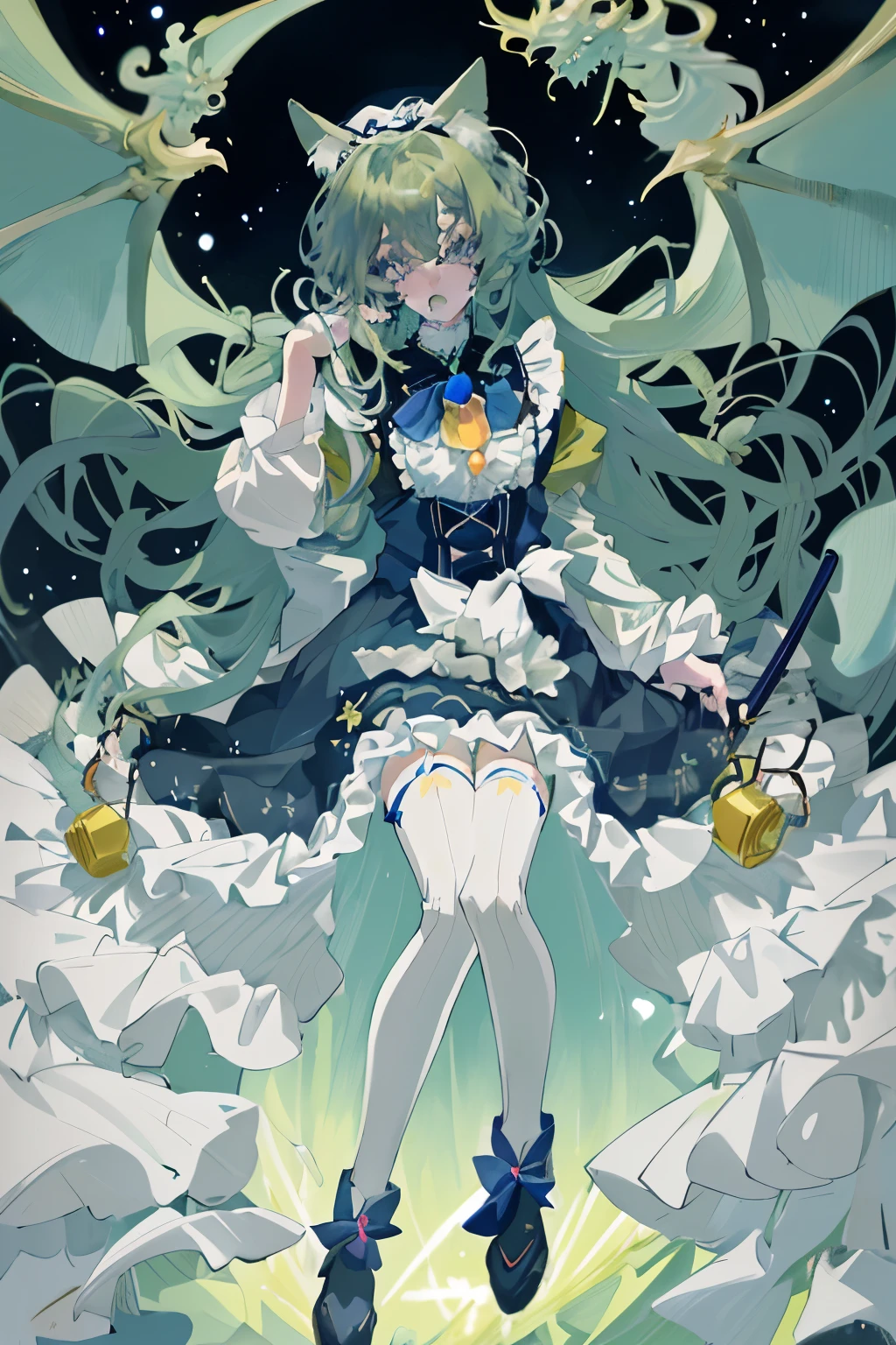 ((desktop, highest quality : 1.1), ((Wearing a blue dress、 anime girl with a magic wand )), Art Nouveau 、Anime Cat Girl wearing a maid costume, , ((Green Hair))、People with long hair、(( artistic style of working with a dragon king , Long eyelashes, and transparency ))、Very Beautiful Anime Cat Girl, アニメCat Girl, (( white knee high socks )), 魅力的なCat Girl, I'I在糖果店,Inspired by Leiko Ikemura, Takano Aya color style, anime girl with a magic wand , Cat Girl, characters you admire , Guang Jiangli、Smile