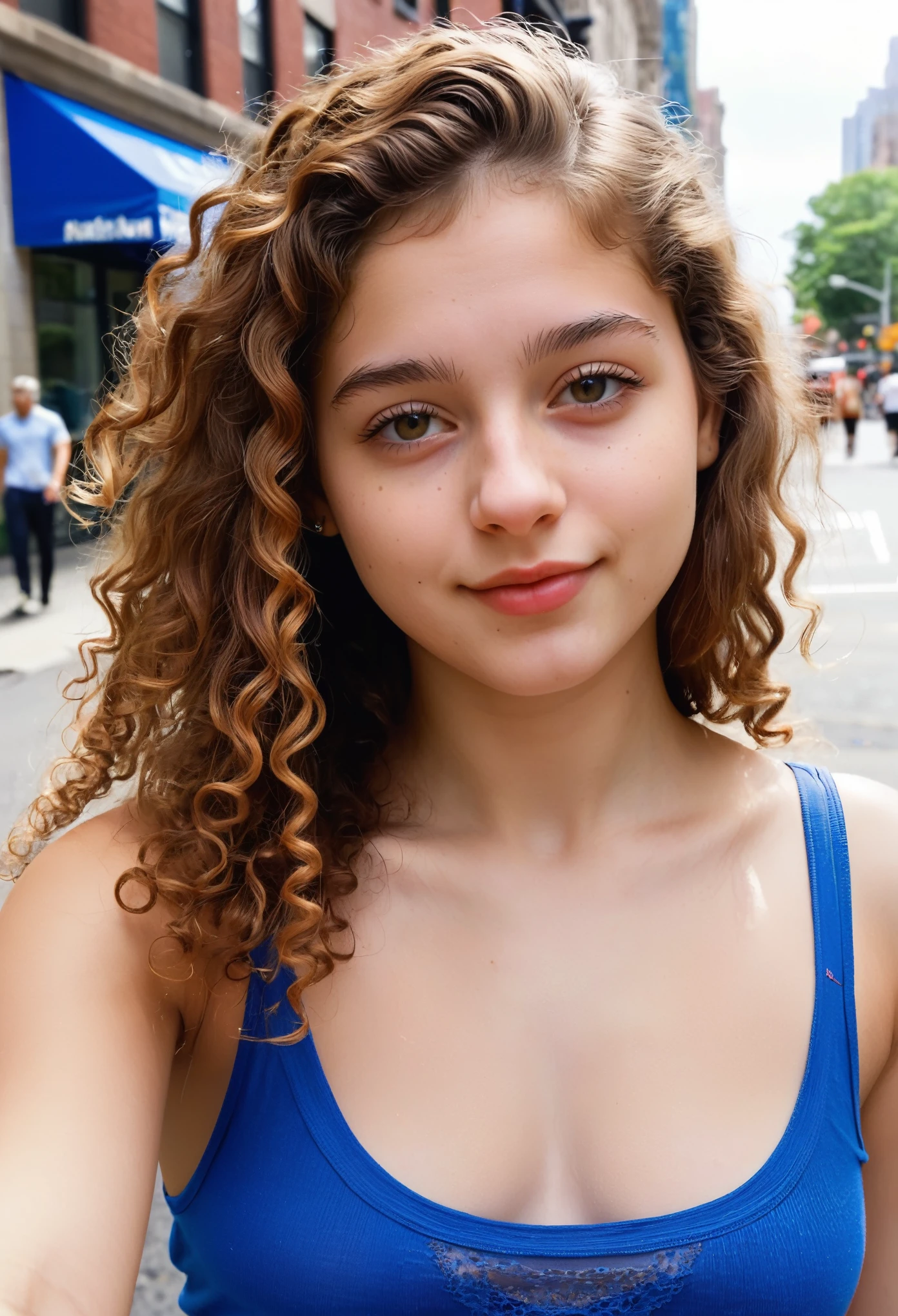 (indistinguishable from reality:1.4), 1girl, selfie, An half portrait of a beautiful 18y.o New York , (detailed facial features), (freckles:0.2), (acne:0.1), long thick luxurious curly hair, beautiful Jewish nose, shy smile, walking on street, sunny day, sun, ultra detailed texture tank top, bright primary colors, Nikon FM2, 35mm SLR