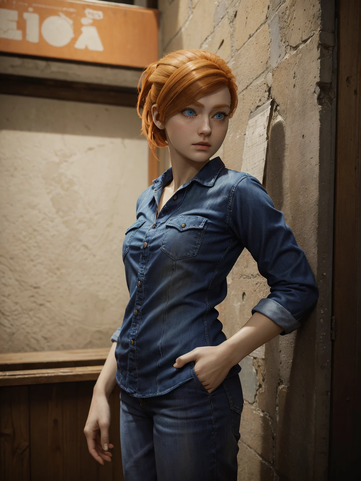 ((ultra detailed, masterpiece, absurdres))
SpiderMaryJ, 1girl, orange hair, blue eyes, Casual hands-in-pockets pose