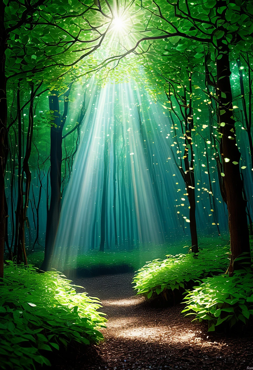 Fantasy Forest, tree々 Light shines through,  Mysterious Air , Sparkling Leaves , Forest bathing, Light in the Forest