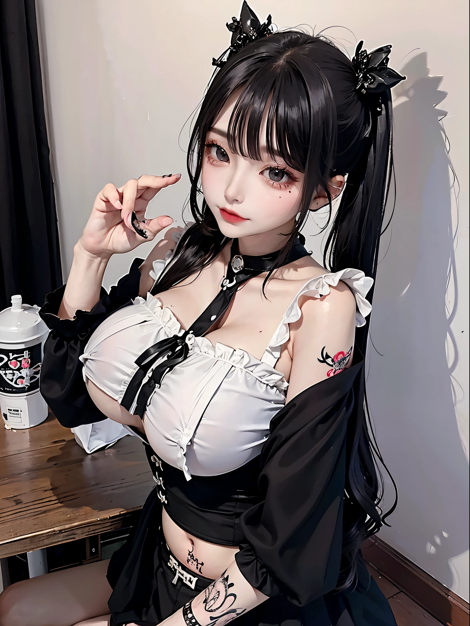  beautiful 18 year old girl ,  big eyes that tear,  big ,   and thin  , 8k,   Top Quality  , (Very detailed head : 1.0), (  very detailed face  : 1.0), (Very detailed head 카락: 1.0),  very detailed official artwork  ,   animated moe art style  ,   clean and detailed animated art, laugh,   black hair,  soft long hair  ,  jirai kei/Mine fashion  ,   pink shirt  , black skirt, black ribbon, 팔에 tattoo이 있는 여성, (tattoo), ((자궁 tattoo)), ((  huge boobs)), ( sexy costume), ((가슴에 BBC tattoo)), (( womb tattoo )), BBC tattoo , sexy pose, ((Hot pants))