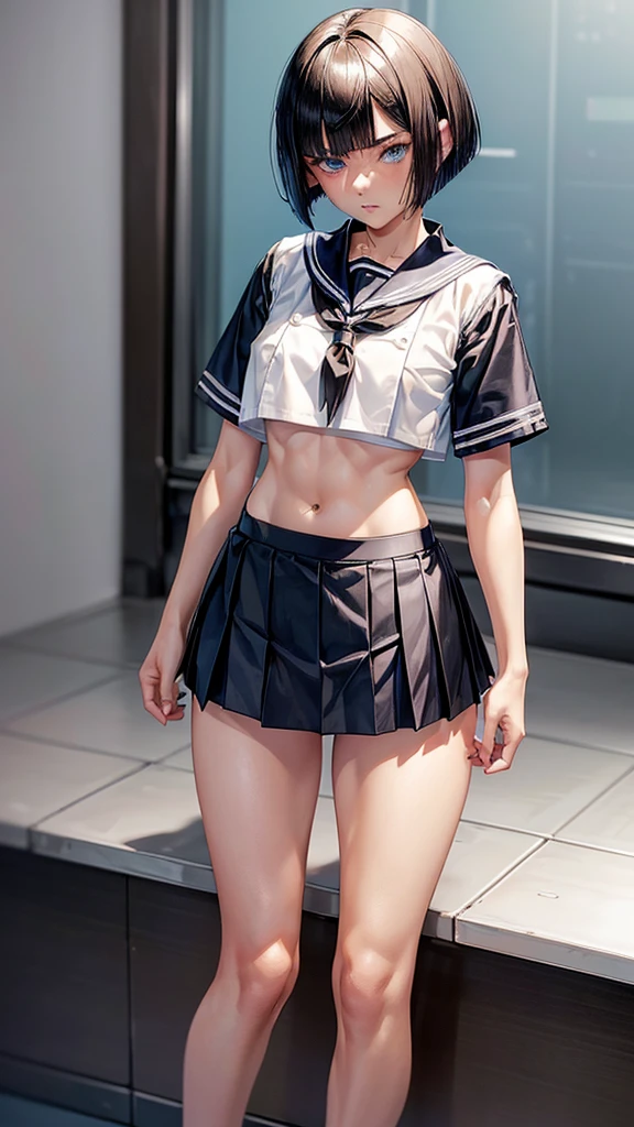 ((masterpiece, best quality)),((highres:1.2)), 1 Girl, solo, Blurred Background, Thighs, (Stripe underwear), pencilskirt, short hair,