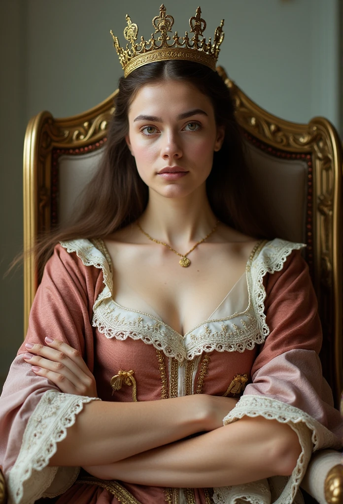 ((masterpiece)) ((photography)) ((Highest quality)) Close-up portrait of a confident woman with a royal stance, arms crossed befor her chest, sitting in a throne against a soft, neutral background with light, muted tones. She is dressed in an elegant colored Renaissance gown, adorned with intricate white lace and delicate fabric that flows down to her feet. A golden crown rests upon her head, adding a touch of majesty to her appearance. Her serene and regal expression exudes confidence, while the subtle textures of her gown and crown reflect the noble fashion of the Renaissance era. (renaissance princess) (royalty) (regal beauty) (masterpiece) (highest quality)