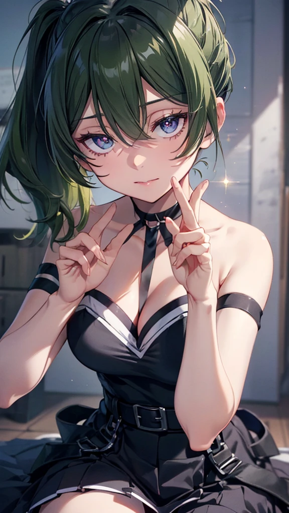 ubel, long hair, side ponytail, black dress, cleavage, belt,bored,masterpiece,Noise Reduction,perfect anatomy,high resolution, ultra-detailed, ultra-detailed face,game cg,dutch angle ,beautiful detailed eyes,visualart,five fingers, perfect hands, perfect lighting, sparkling pupils,(highly detailed:1.5),