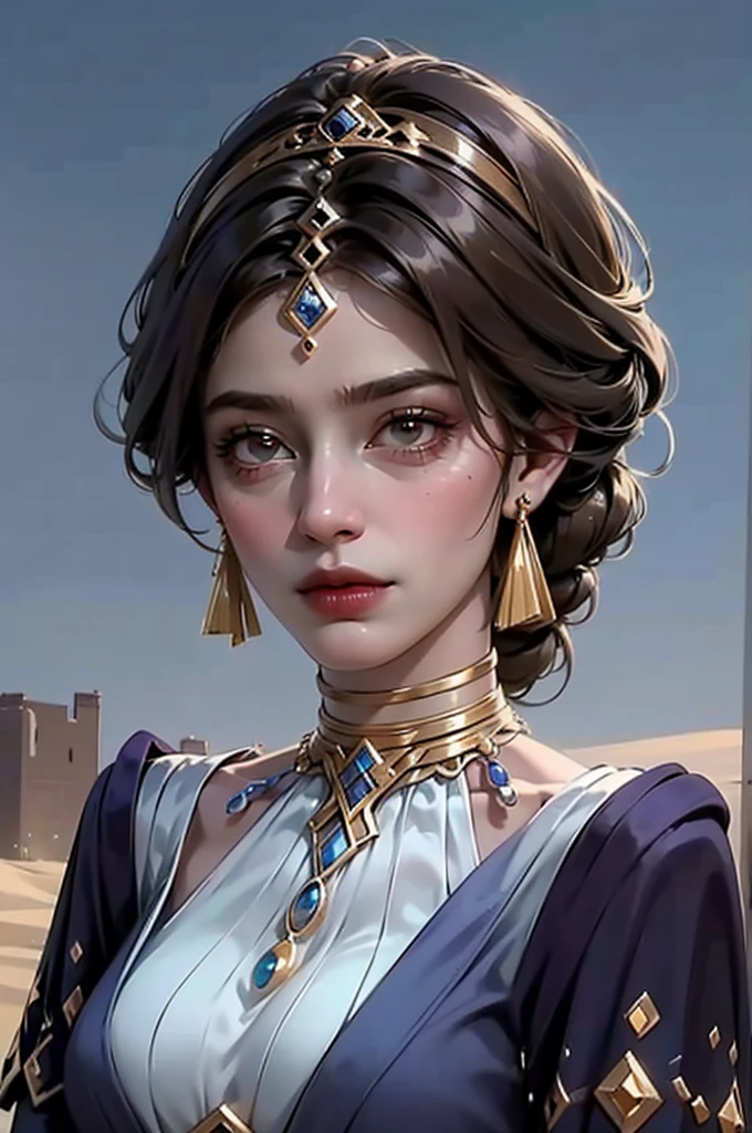 A a black woman with dark skin in realistic portrait of high quality and detail, She standing in the desert, egyptian desert on background, Dunyarzad (Genshin Impact), Dunyarzad has a light blue dress and a purple top with gold accents. She has brown eyes and brunette hair that she wears in a braided low bun. She has a gold lazurite crown, a gold lazurite necklace and gold earrings. She also has bandages around her arms and brown leather sandals. blue sky, white cloud, looking at viewer, (ultra-high detail:1.2), Masterpiece, Best Quality, Ultra-detailed, Cinematic lighting, 8K, delicate features, cinematic, 35 mm lens, f/1.9, highlight lighting, global lighting –uplight –v 4, cinematic, intense gaze, Cinematic lighting, 8K, high quality, Highest Quality, (Solo Focus), (extremly intricate:1.3), (Realistic), dramatic, masterful, Analog style, (Film grain:1.5), (warm hue, cold tone)