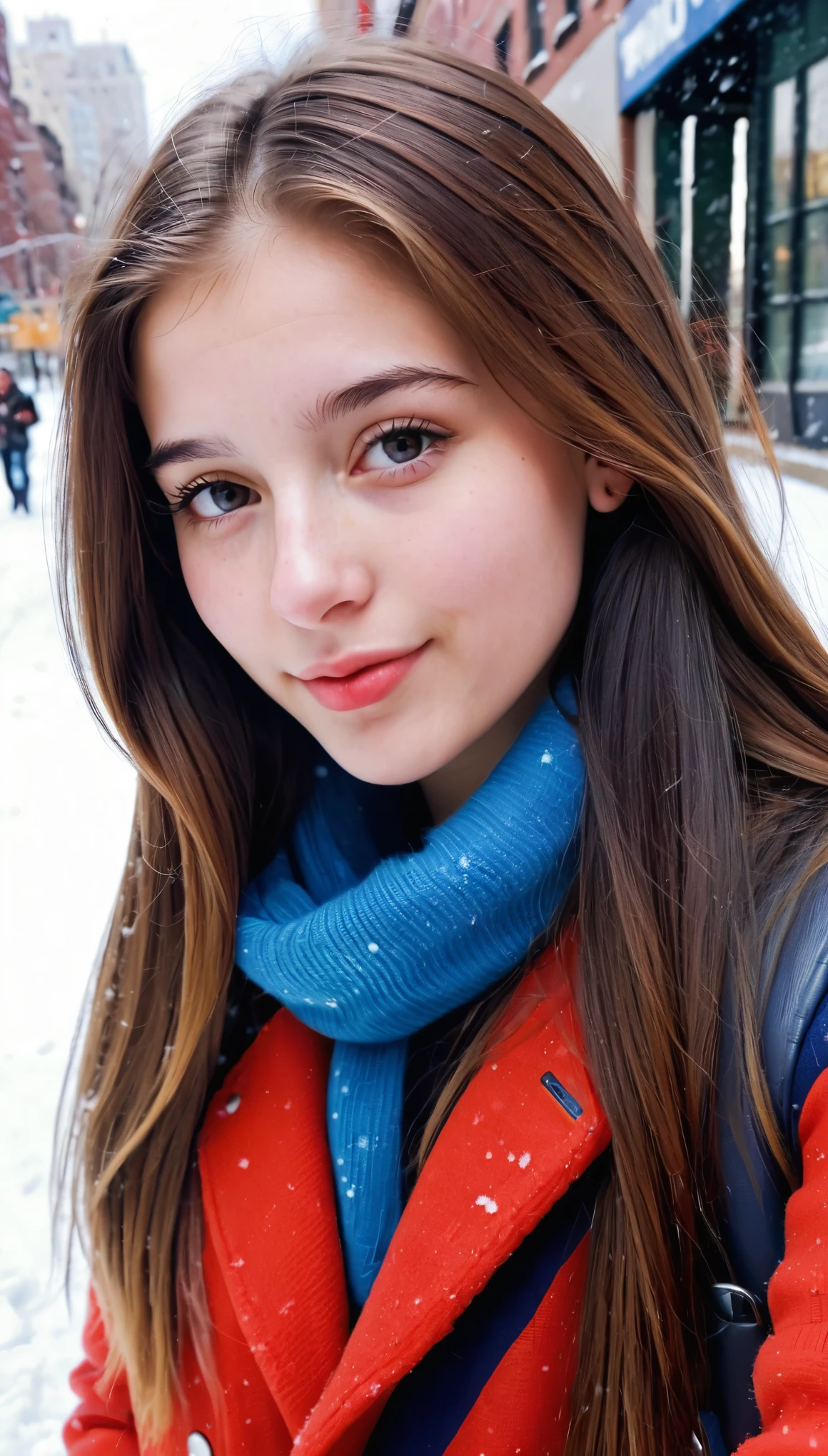 (indistinguishable from reality:1.4), 1girl, selfie, An half portrait of a beautiful 18y.o New York , (detailed facial features), (freckles:0.2), (acne:0.1), long thick luxurious straight hair, beautiful Jewish nose, shy smile, walking on street, winter, snowfall, ultra detailed texture cropped, bright primary colors, Nikon FM2, 35mm SLR