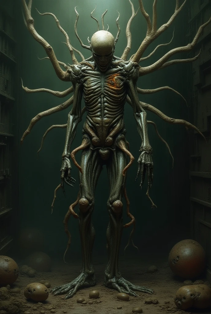 ((best quality)), ((masterpiece)), (detailed), an alien creature, (hr giger inspired), (velociraptor form), pale, milk-white skin, translucent skin, smooth skin texture like a dolphin, no hair, (head like a porpoise), round head, (bulbous head), (xenomorph head), (atrophied eye sockets), (smooth face), (bright prominent gums), (a long tongue like an elephant trunk coming out of the mouth with a squid-like beak at the tip), (protrusions along a skeletal ridged back), (breathing holes on the chest), elongated limbs, a tail that splits into three tentacles, (tentacles with spikes instead of suckers), (walking on long skinny arms), where the legs would be is another set of arms that are used for grabbing, H R Giger, Clive Barker's The Thing, xenomorph, predator, Engineer, dinosaur, sci fi horror, cosmic horror