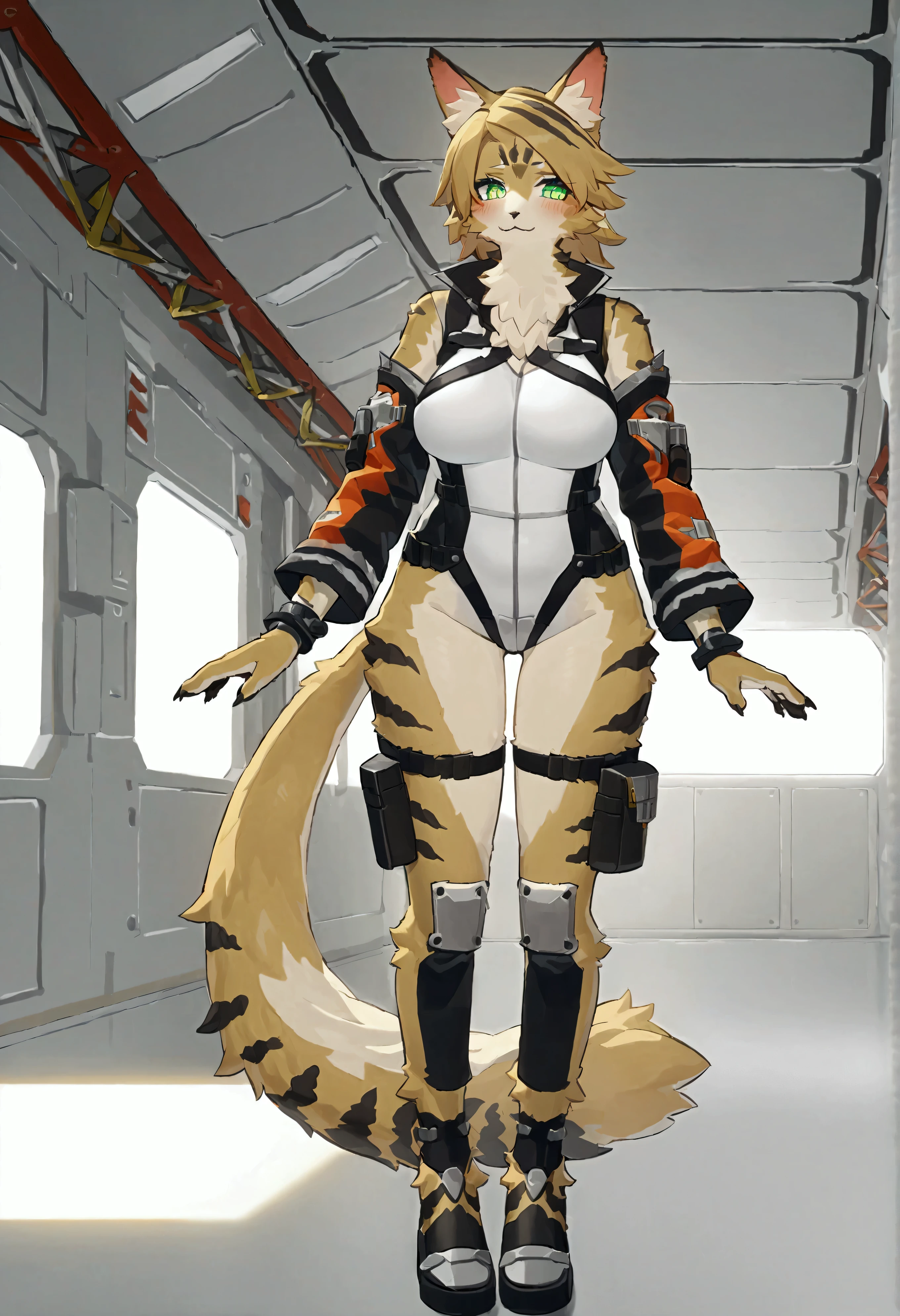 (top quality, best quality, Yamame513, High-quality illustrations, masterpiece, perfect artwork, cinematic light and shading, 16k, 1080p, uploaded on e621)(kemono, furry, anthro, alone), 1 female, (very detailed body, face, tail, arms, hands, legs, head and eyes), cat, Pulchra, (Zenless Zone Zero), hunter body, fur, fluffy, big breasts, wide hips, cat ears, cat tail, perfect eyes, green eyes, beautiful space jumpsuit, inside space craft, inside space ship, body movement, body twitching, red blushing