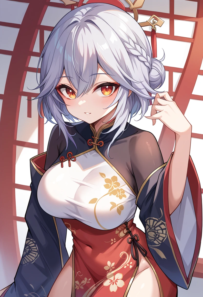 (masterpiece, best quality:1.4), 8k, white ponytail messy Hair Young adult big chest smiling teasing with red Eyes in the castle wearing a Kimono Dress with tattoos (detailed eyes and face, sharp pupils, realistic pupils:0.6)