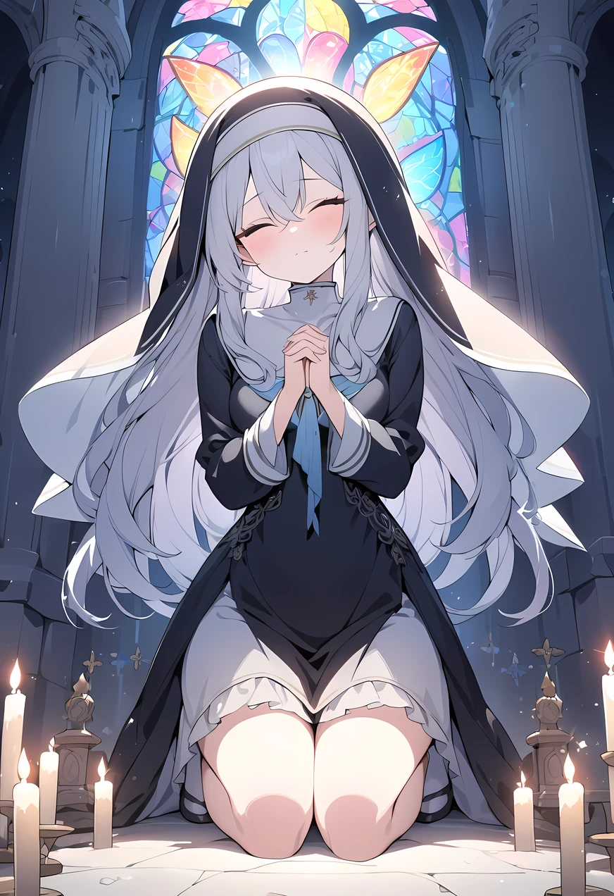 (((Best quality, 8k, Masterpiece: 1.3)), ((best quality)), ((masterpiece)), (detailed), perfect face, perfect body, (detailed skin:1.3), (intricate details), An elven woman with ethereal beauty, dressed in a nun-like habit, kneels in a grand, dimly lit church. Her long, pointed ears peek gracefully from under her veil, adding a mystical element to her holy appearance. She has her hands clasped in prayer, her face serene and eyes softly closed, radiating an aura of devotion. Stained glass windows cast gentle, colorful light onto her, illuminating the solemn space. The church interior is adorned with stone pillars, flickering candles, and an ornate altar in the background, enhancing the sacred atmosphere