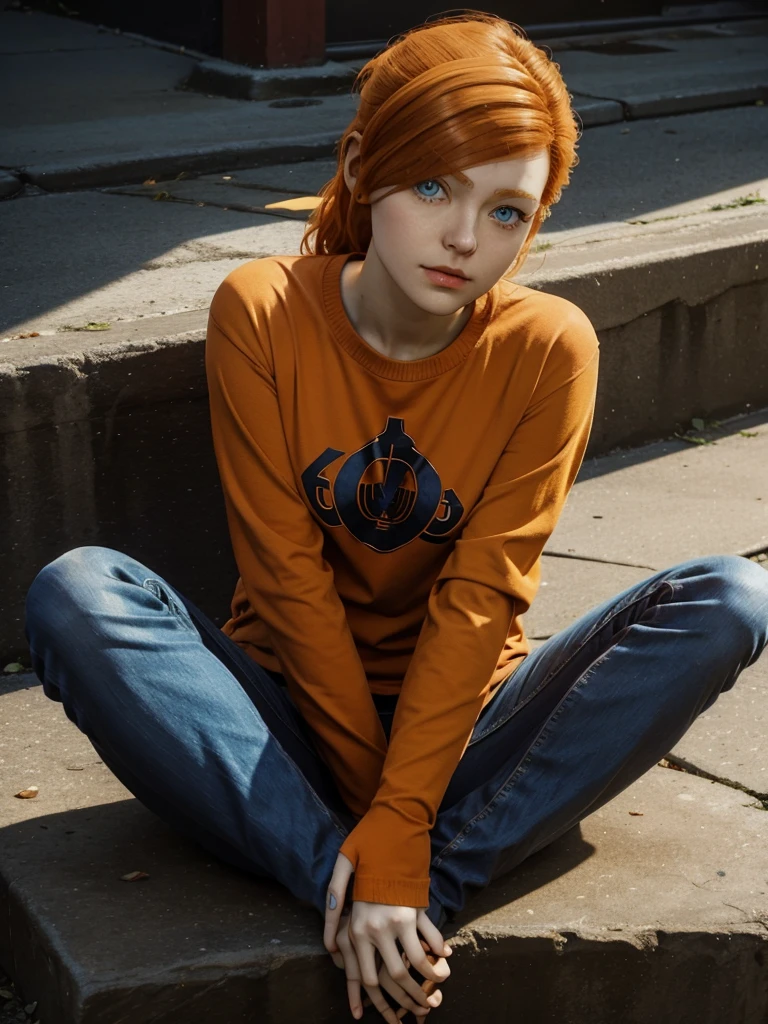 SpiderMaryJ, 1girl, orange hair, blue eyes, Casual cross-legged pose with a slight lean