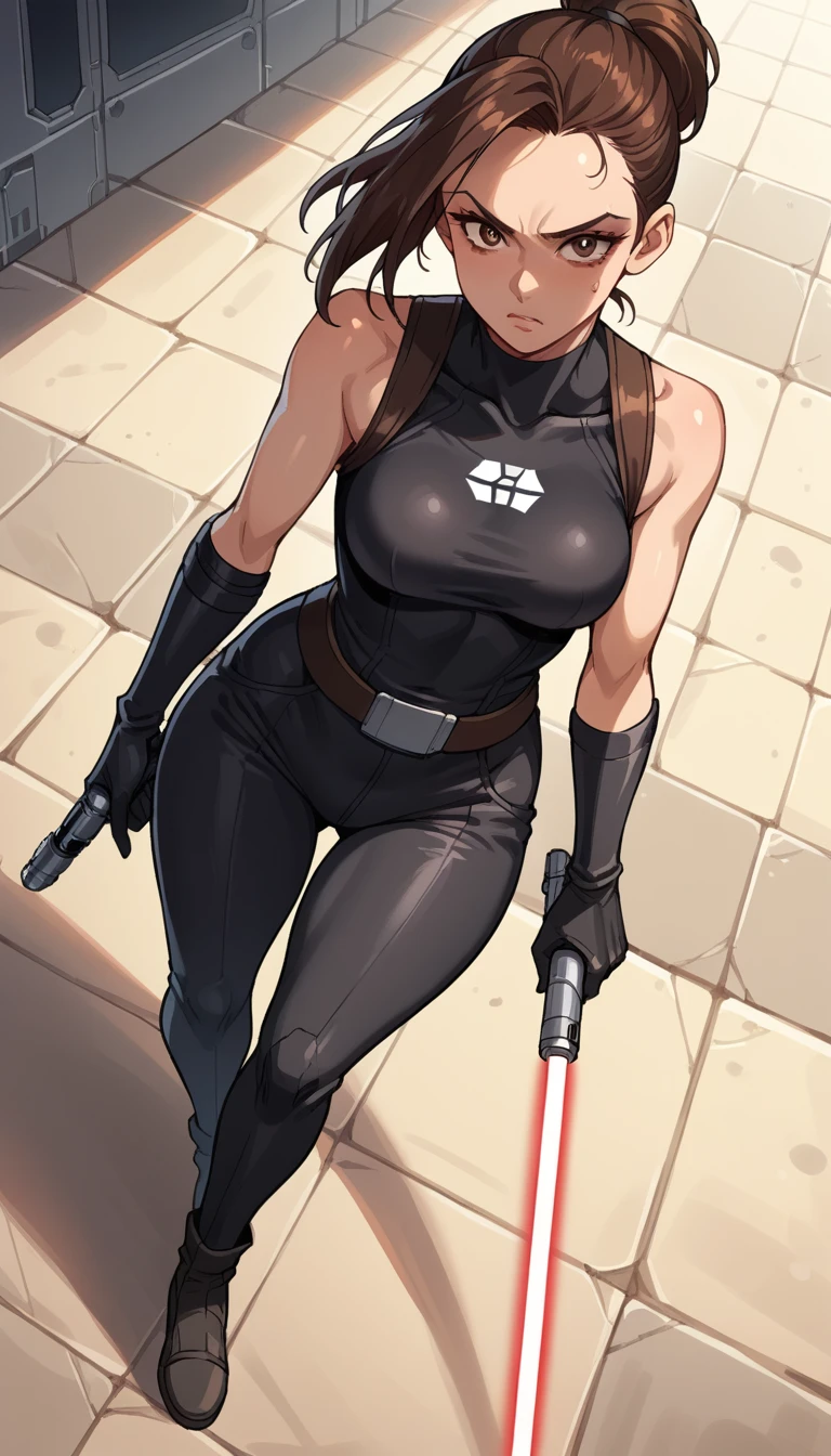 score_9, score_8_above, score_7_above, score_6_above, 2D, Assessment_ questionable , Assessment_ sure,
 Momo Ayase in the Star Wars theme,short brown hair,  brown eyes, 
Armadura preta ,black gloves,fair,black cover, tight black pants ,Thick thighs
Alone , standing,  front view, medium breasts,  wide hips,  lightsaber , holding  lightsaber ,
 base sith,  science fiction , 