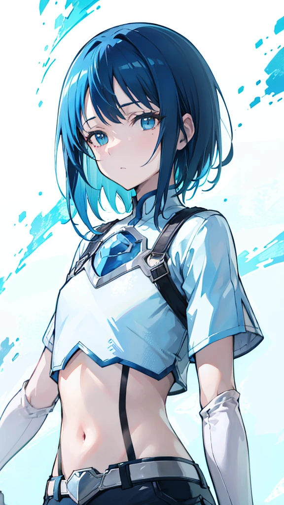 blue hair, short hair, anime, masterpiece, retina, textured skin, high details, high quality, best quality, highres, HD, 16k, 1080P、ソードアート・オンライン　サチ、flat chestぱっつん, 