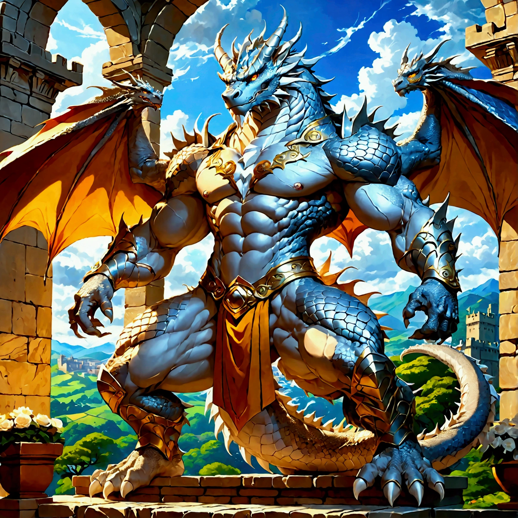 character focus, full body, looking away, dynamic angle, dragon, muscular middle-aged dragon man, silver gray skin, dragon wings, dragon muzzle, dragon face, complete anatomy, perfect proportions, beautiful thigh gap, fluffy body, intricate fur details, beautiful fur texture, BREAK (a detailed dragon one tail), detailed toe, 5toes, 5toes nails, detailed dragon foot, BREAK detailed hands, 5fingers, 5fingers nails, BREAK aesthetic anime face, insanity detailed face, male face, big face, square jawline, aesthetic anime eyes, detailed brown eyes, detailed brown cornea, detailed dark brown irises, detailed pupils, male eyes, big eyes, male eyebrows, innocent look, beautiful beard, BREAK costume clothes, armor, loincloth, perfect composition, fighting, quantum electromagnetic life form force, dynamc pose, BREAK full body in Michelangelo Buonarroti style, housamo style, digital illustration anime, detailed painting landscape, kaleidoscopic swirls, old castle, indoor, full color HDR, BREAK masterpiece, official art, best quality, very aesthetic, absurdres, super fine illustration, great quality, BREAK noise reduction, very highres, large filesize, high quality, 32K, 8k wallpaper, dynamic lighting, BREAK insanity detailed, ultra detailed, intricate details, extremely detailed, detailed texture, an extremely delicate and beautiful, BREAK e621 illustration, osukemo, kemohomo, anthropomorphic, furry, cartoon, harmonious body, pastoral face, virtuous eyes, epic atmosphere