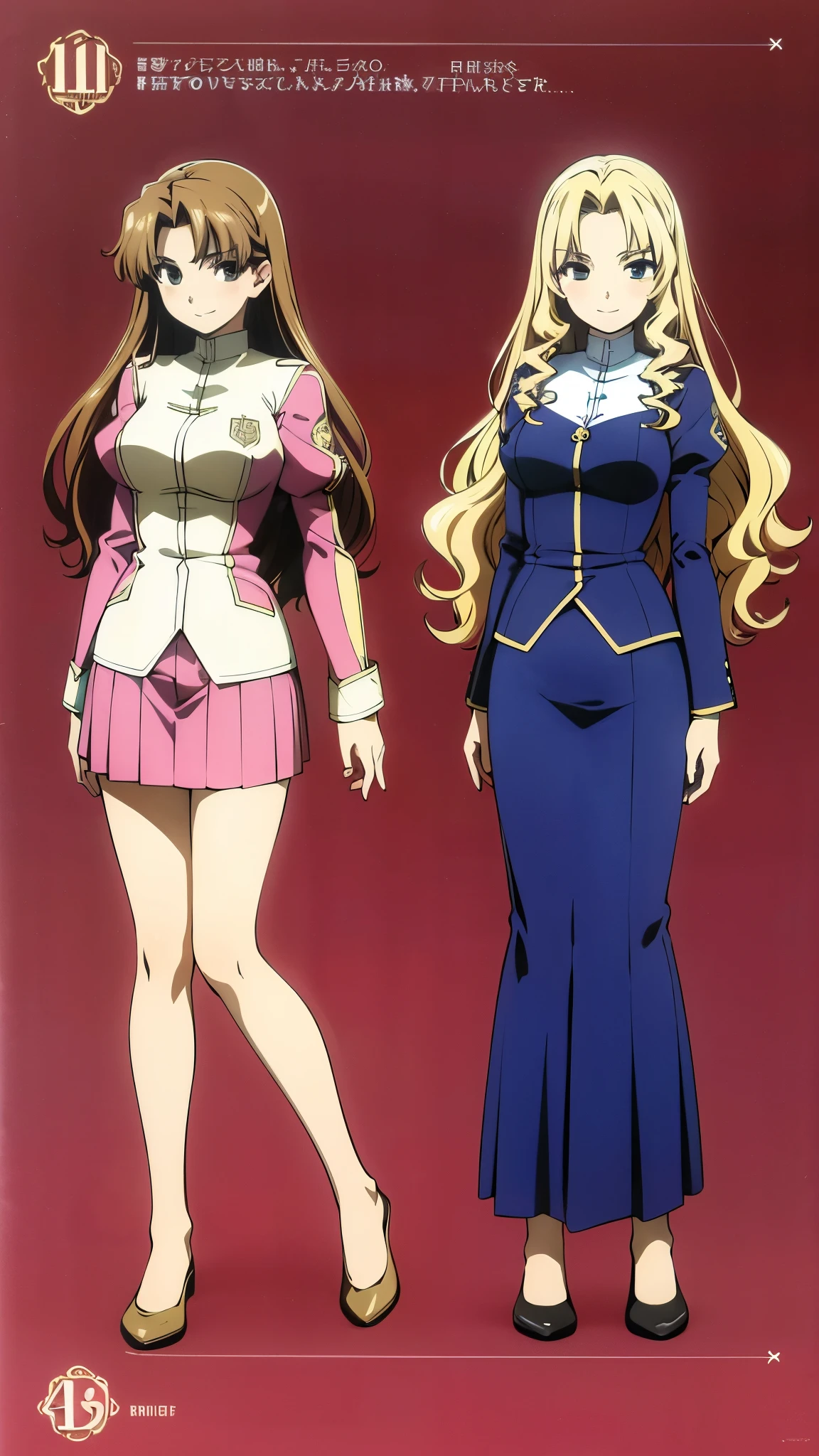 masterpiece, high quality, Multiple girls, organization, Same sisters, Blonde Hair, curls, (brown haired sisters, Blonde sisters, many sisters, Match hairstyle, different hair colors), Hazel eyes, Medium bust, pencil Long skirt blue ((Matching Clothing, Uniforms)), Smile, flat_color, Same height, organization pose, Back to back, full body