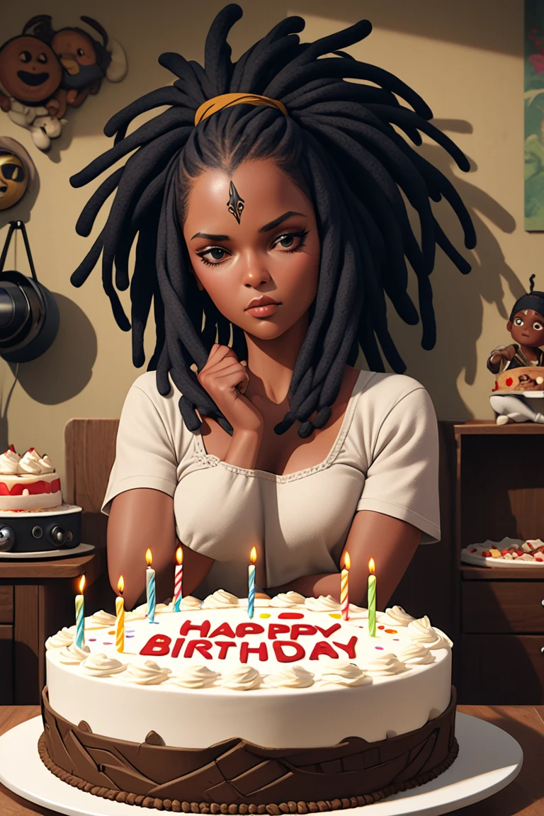 Black girl with 2 buns on her head holding a birthday cake with candles numbers 2 and 9